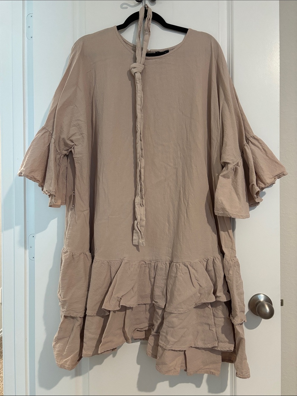Boohoo Taupe Ruffle-Hem Tunic with Tie Neck